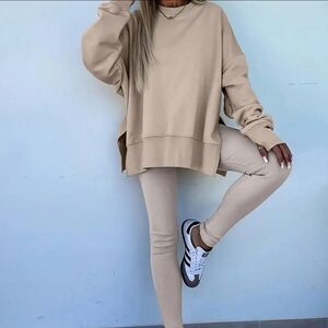 Solid Oversize Slit Sweatshirt with Ribbed Leggings Set